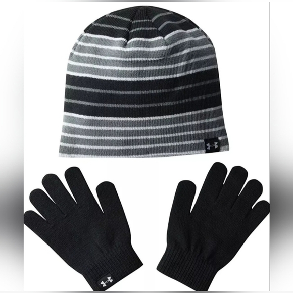 Under Armour Girl's Beanie& Gloves Combo BNWT Black/Mod Grey (001) Retail $22 - Picture 1 of 3